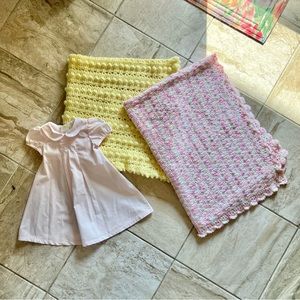 Infant baby girl Rosalina pink dress & 2 crocheted blankets lot